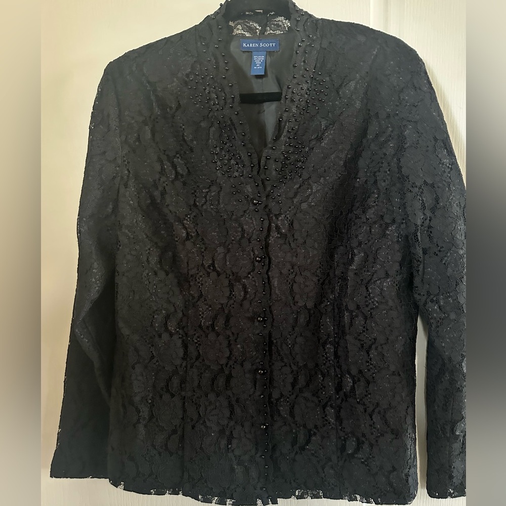 Karen Scott Black Beaded Lace Button Jacket.  Size M